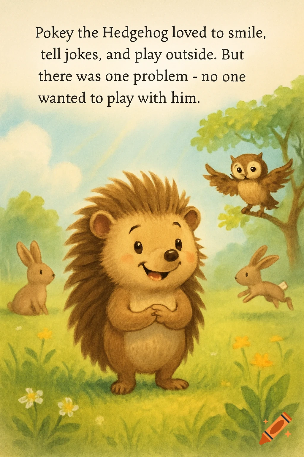 Children's book illustration of a smiling hedgehog in a meadow with rabbits and an owl, with text above.