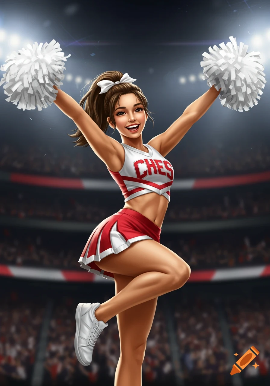 Stylized illustration of a cheerful cheerleader in a red and white uniform holding pom-poms in a stadium.