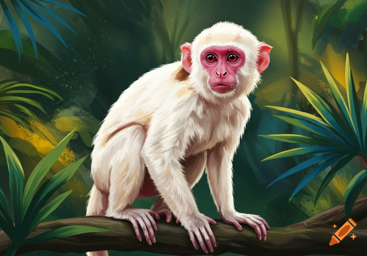 An albino monkey sits on a branch in a jungle illustration.