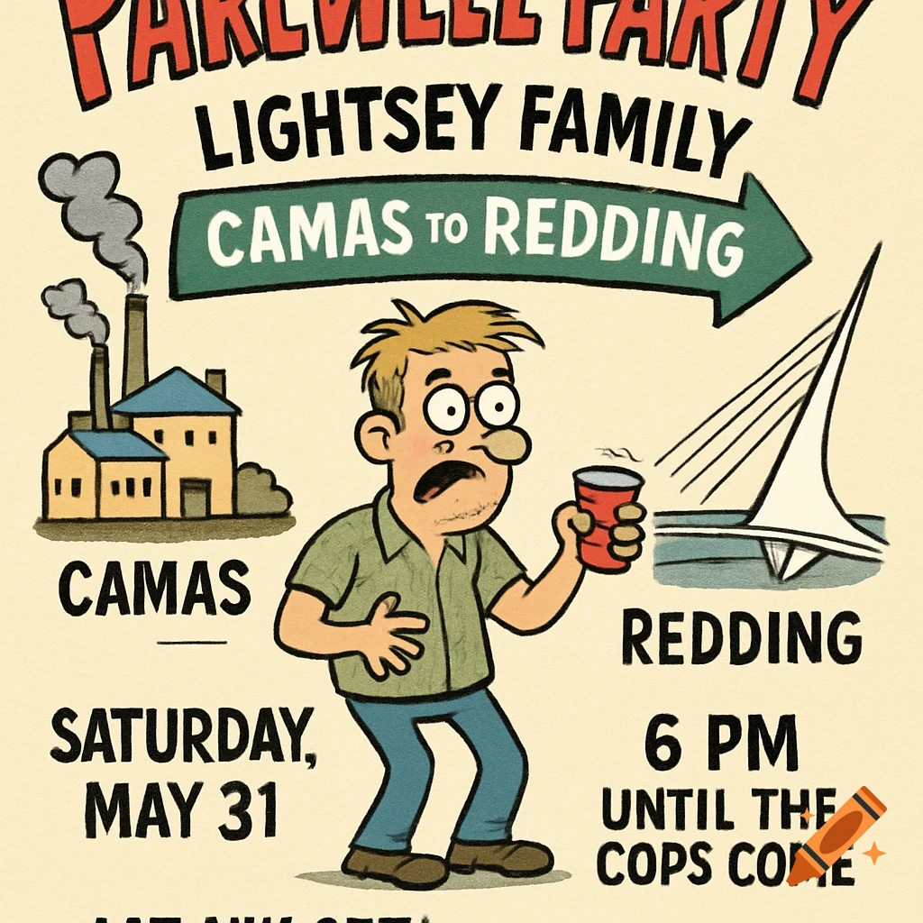 Cartoon poster for a farewell party invitation, showing a man, a factory, and a bridge with text about location, date, and time.