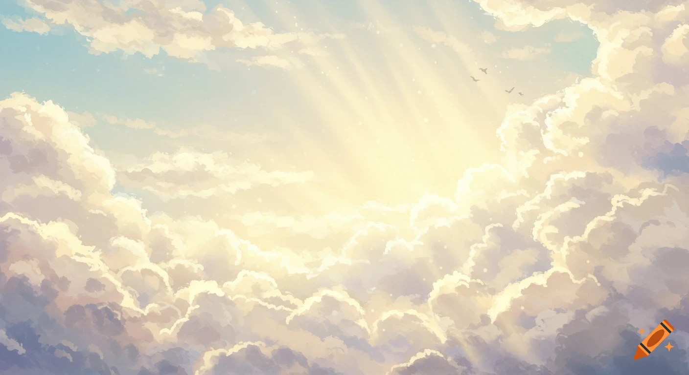 Dreamy sky view with sun rays breaking through fluffy clouds and small birds flying