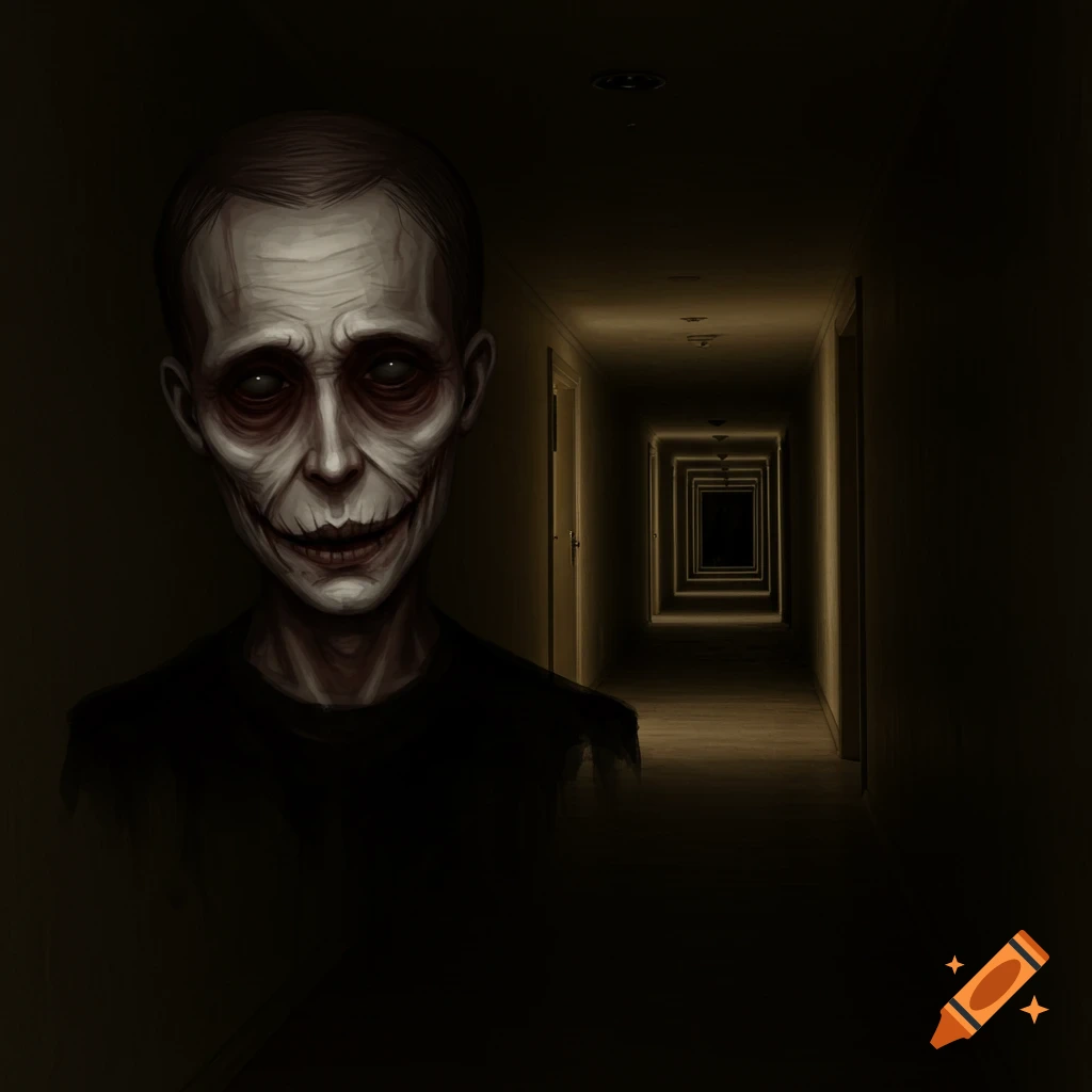 A creepy, skeletal face looms in a dark, repeating hallway.