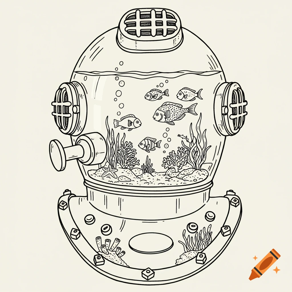 Line drawing of an old diving helmet containing a fishbowl with swimming fish and aquatic plants.