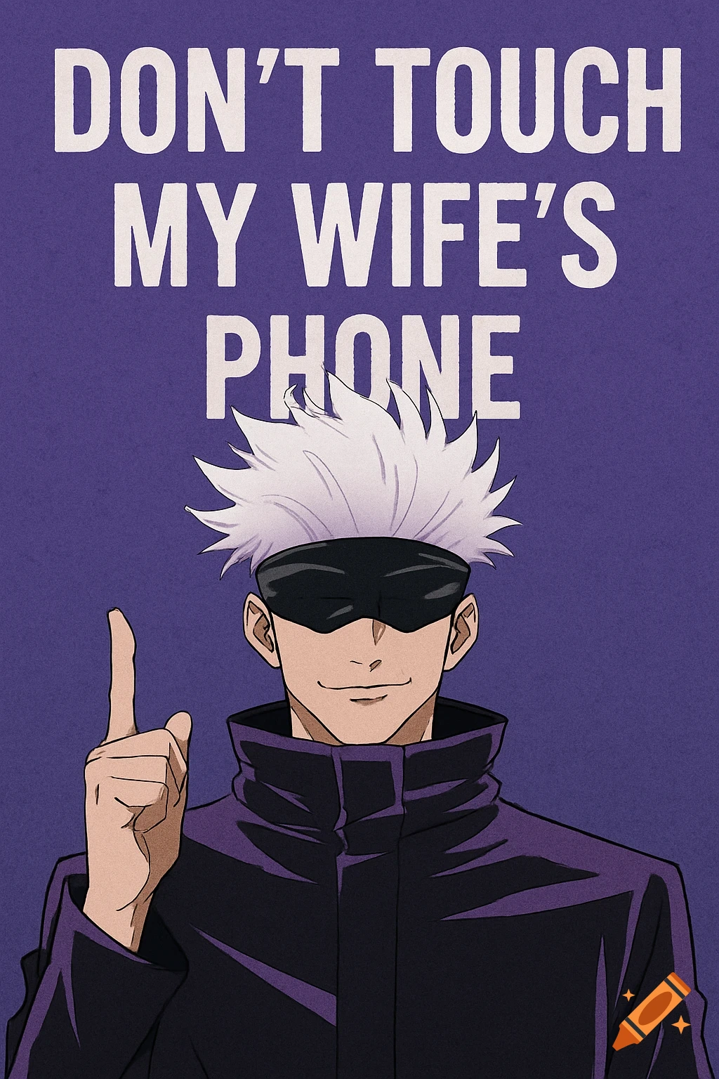 Anime character Satoru Gojo pointing up on purple background with text DON'T TOUCH MY WIFE'S PHONE