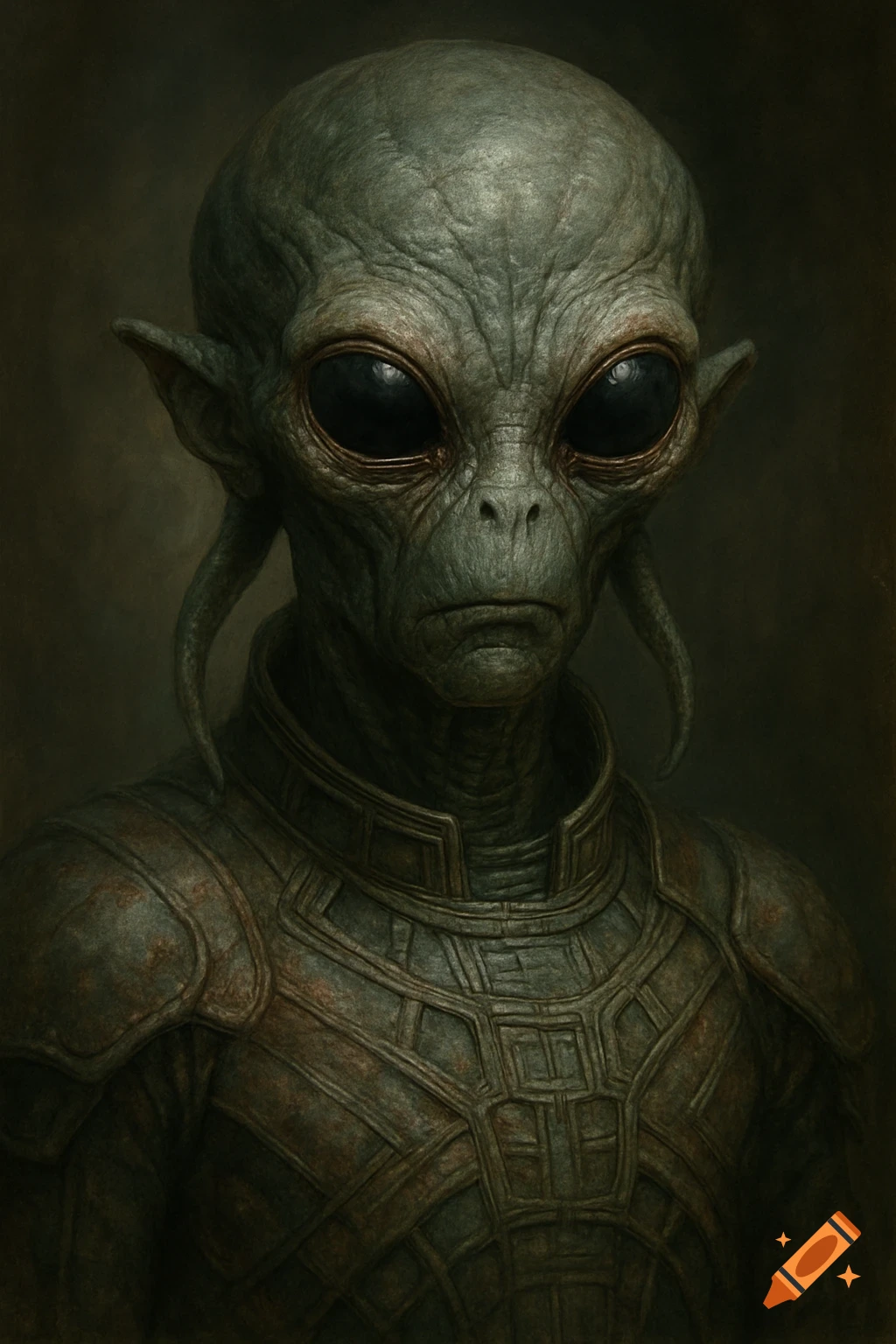 Detailed portrait of a grey alien wearing segmented armor.