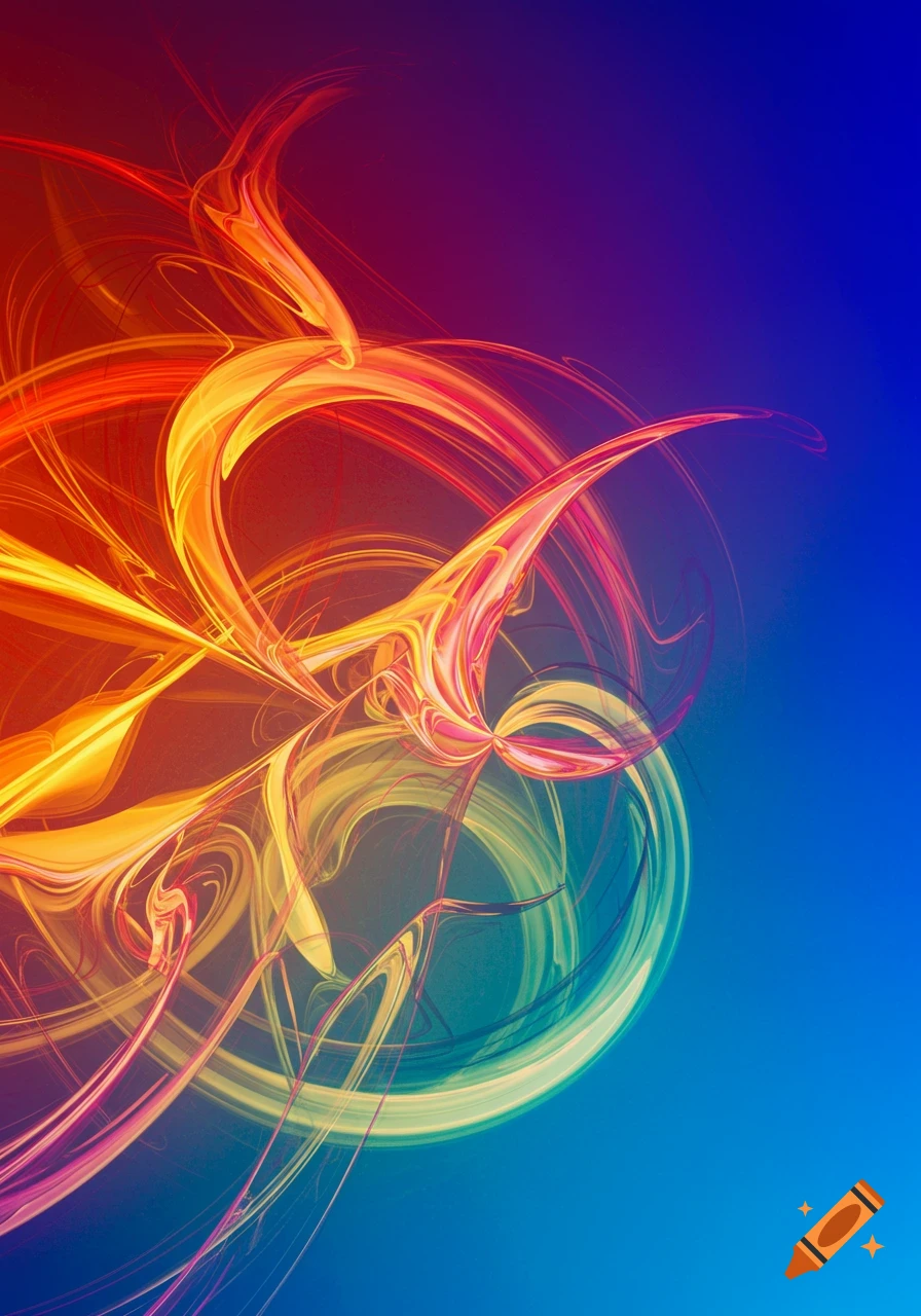 Abstract swirling lines of red, orange, yellow, and teal against a red and blue gradient background.