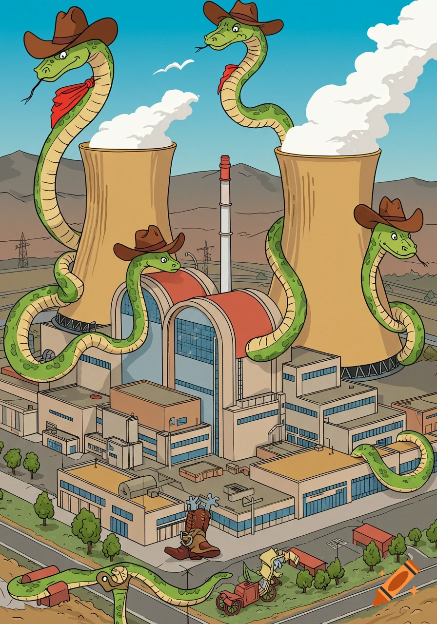 Cartoon snakes in cowboy hats at a nuclear power plant in a detailed line drawing style.