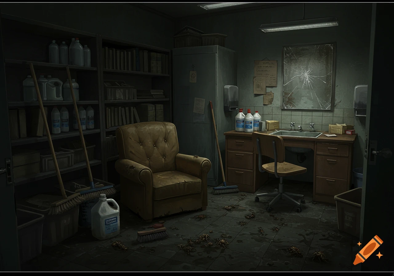 A dark, dirty janitor's closet with shelves, a worn armchair, desk, sink, cracked mirror, and dead bugs on the floor.