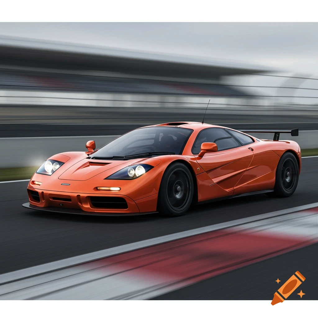 Orange McLaren F1 car on a race track with motion blur