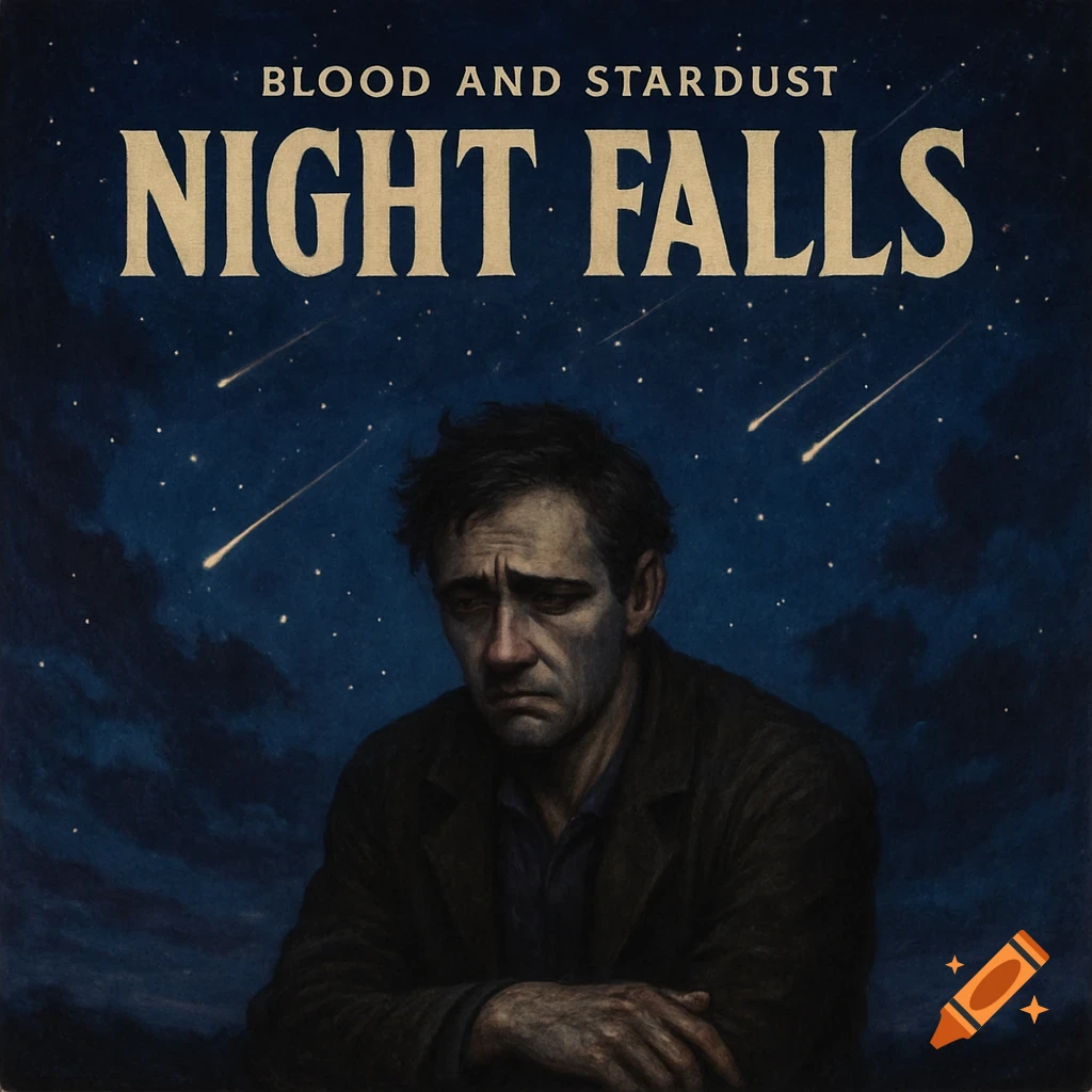 Illustrated album cover with a sad man under a starry night sky with shooting stars.