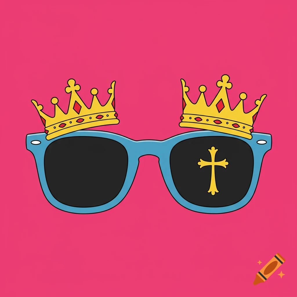 A simple pop art illustration of blue sunglasses with golden crowns on top and a golden cross in one lens against a pink background.