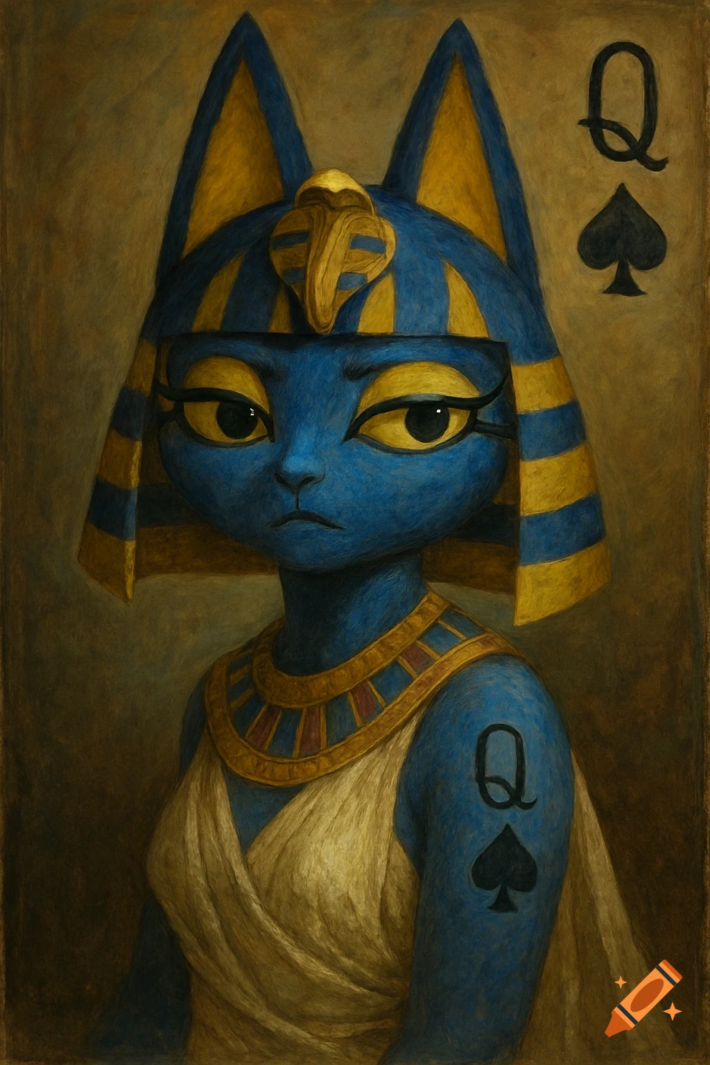 A stylized drawing of a blue cat-like figure in Egyptian attire with Queen of Spades symbols.