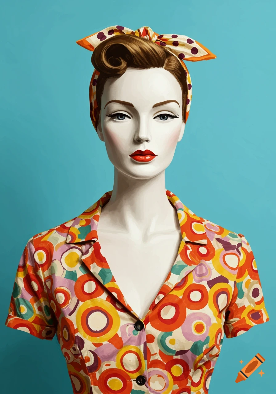 A mannequin wearing a colorful retro patterned shirt and headscarf against a blue background.