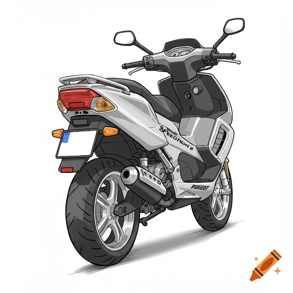 Illustration of a silver and black scooter viewed from the back.