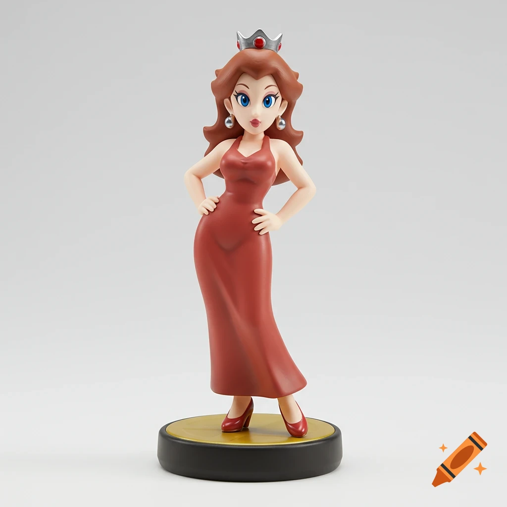 A figurine of Pauline from the Mario series, wearing a long red dress and a silver crown, standing on a black and gold base.