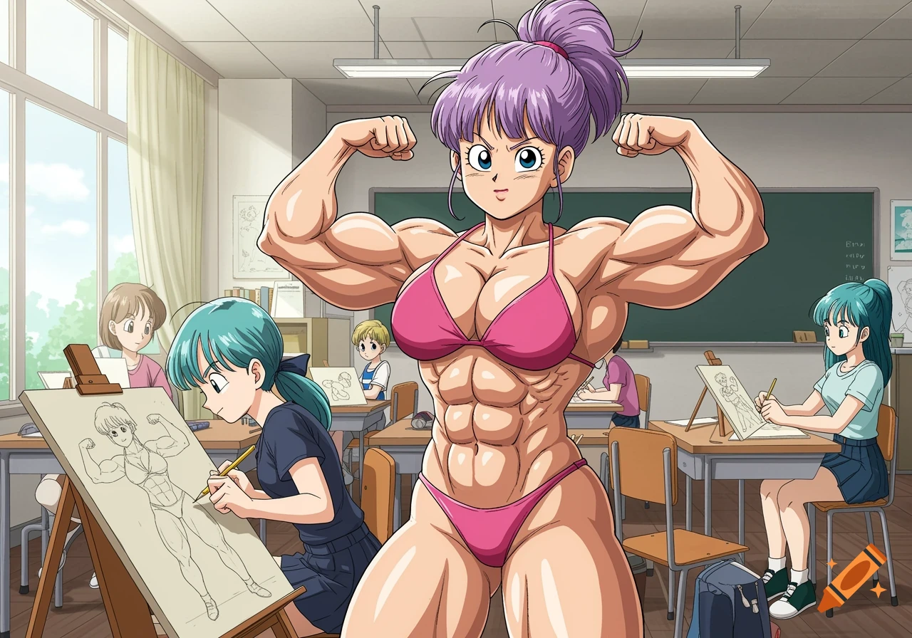 A muscular anime woman in a pink bikini poses in a classroom while students draw her.