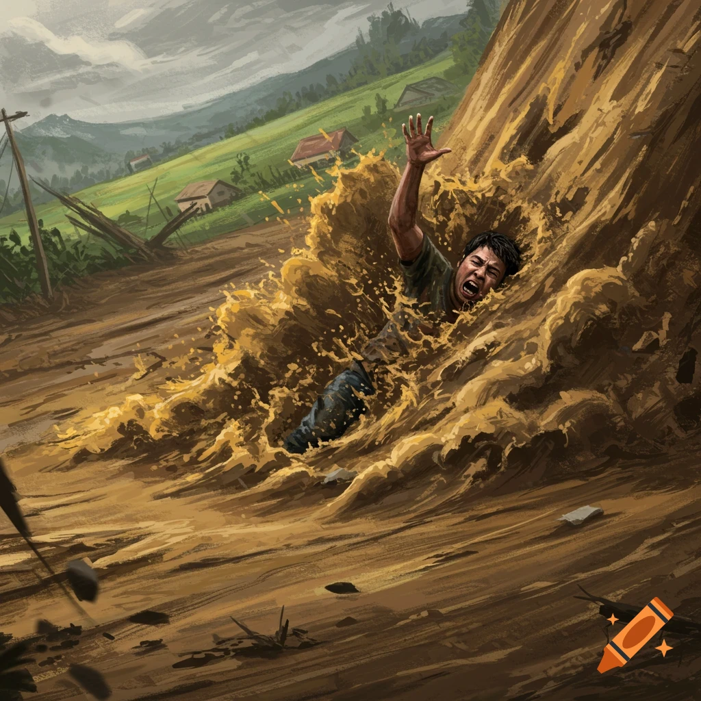 An illustration of a man struggling in a powerful mudslide.