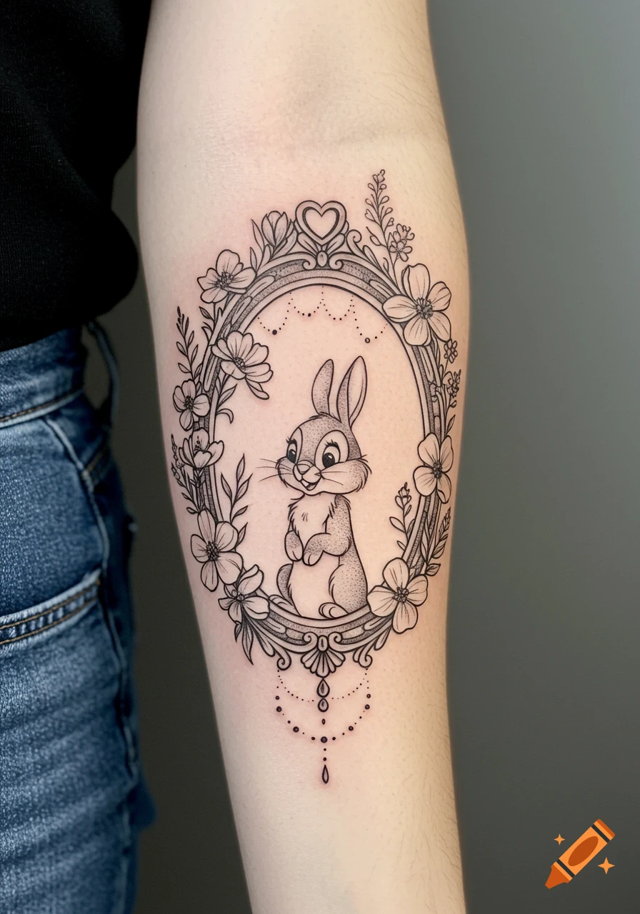 Black and grey tattoo of a vintage-styled bunny character in an oval frame with flowers on a forearm.