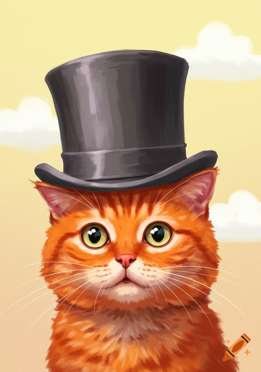 A detailed illustration of an orange cat wearing a tall black top hat.