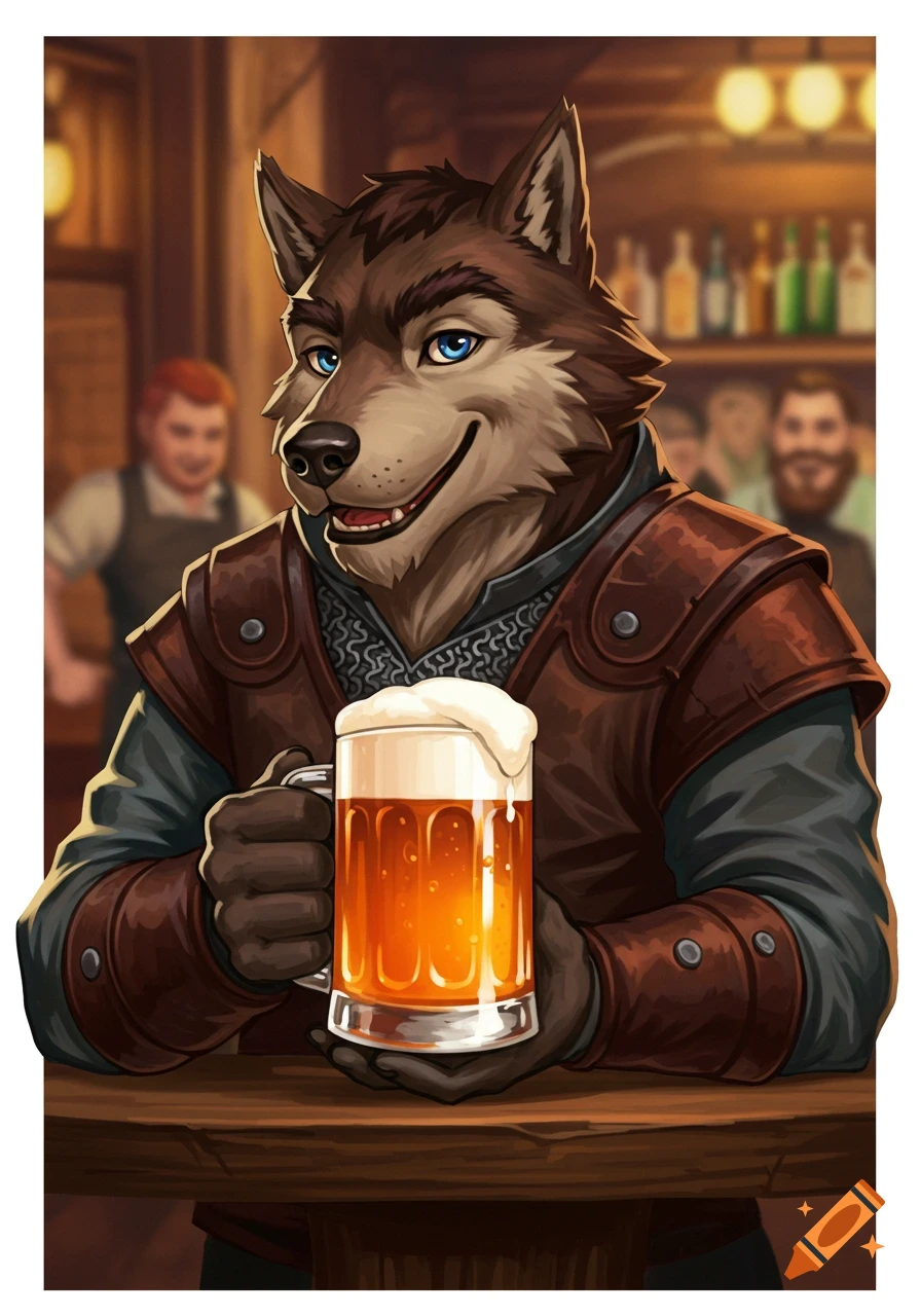 An anthropomorphic wolf character holds up a mug of beer in a busy tavern.