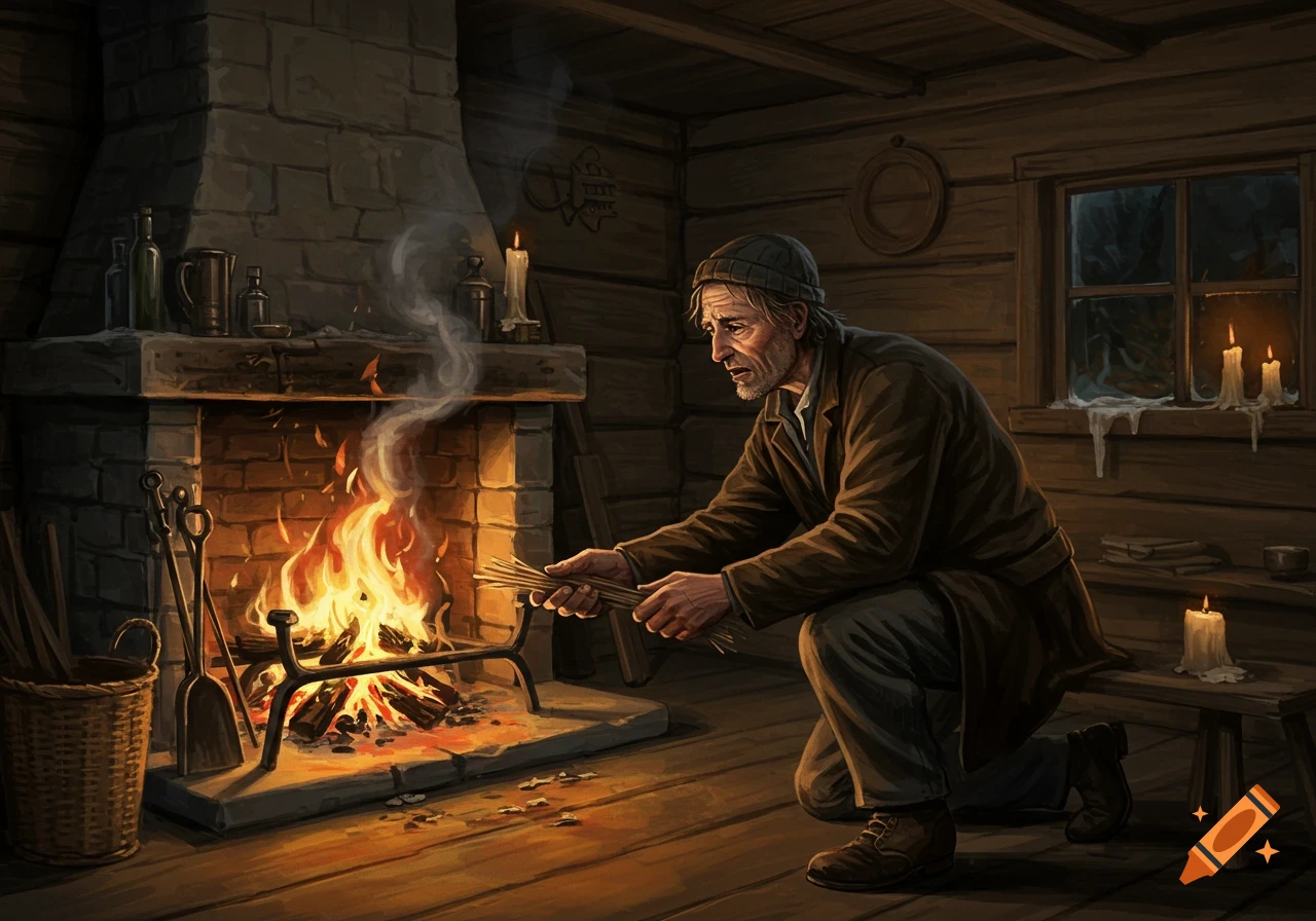 An old man kneels by a stone fireplace, holding kindling and watching the flames in a dark, rustic cabin interior, illustration.