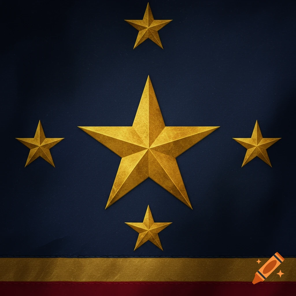 Golden stars on a dark blue field with red and gold stripes below, in the style of a military emblem.