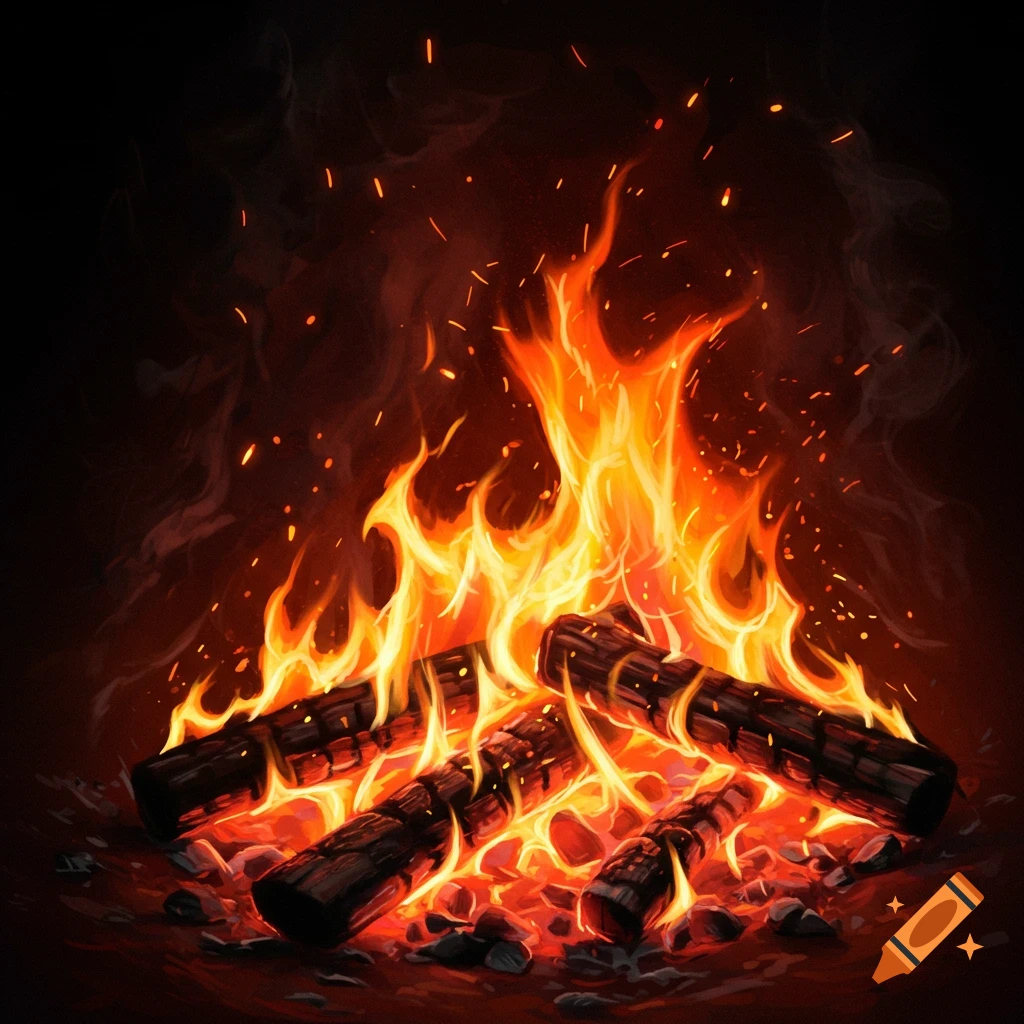 A stylized painting of a burning campfire with logs, flames, and sparks.