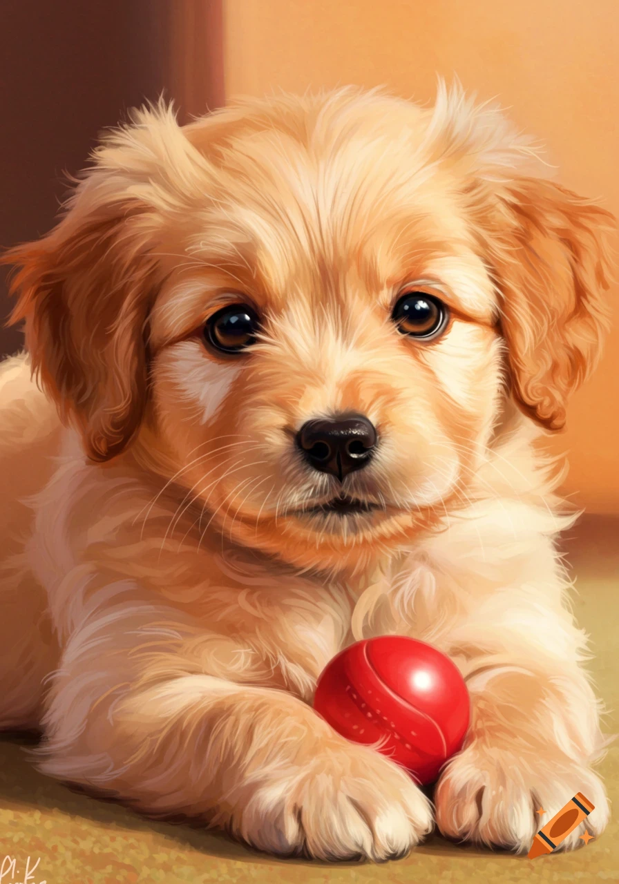 Close-up illustration of a golden puppy holding a red ball