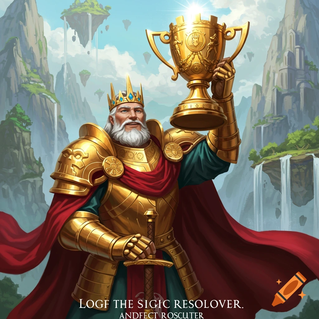 A king in golden armor holds up a large gold trophy in a fantasy landscape with floating islands and waterfalls.