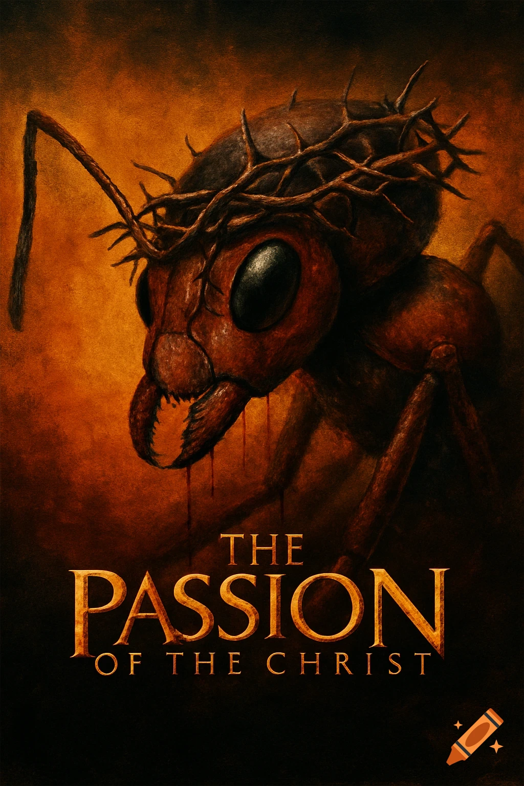 An ant wears a crown of thorns in a dark, painterly style movie poster with the title 'The Passion of the Christ'.