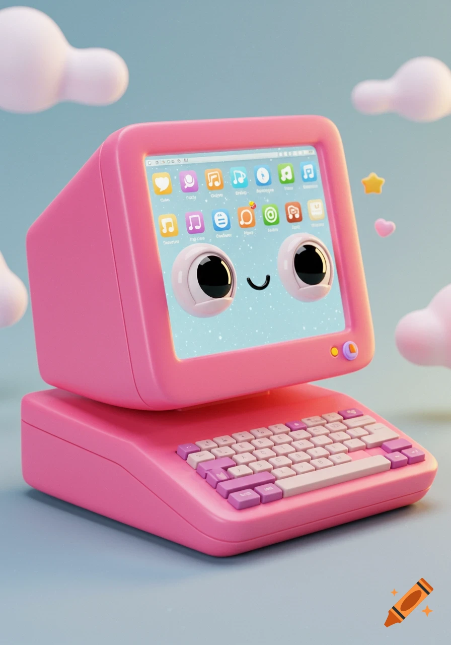 A cute pink 3D rendered computer with a smiley face on the screen, sitting on a pink keyboard, with soft clouds in the background.