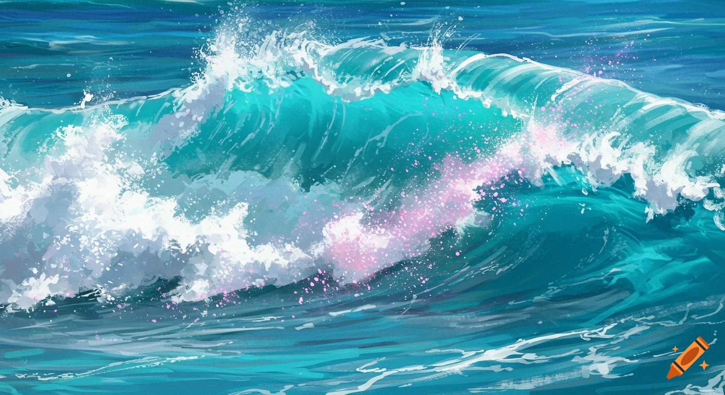 A blue-green wave crashes in the ocean with white foam and pink sparkles in a painterly style.