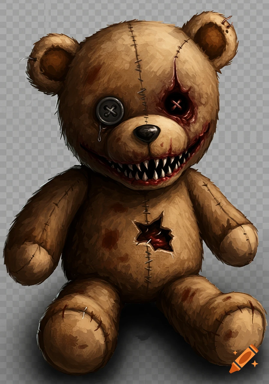 A scary, damaged teddy bear with sharp teeth, a torn chest, and bloody details on a transparent background.
