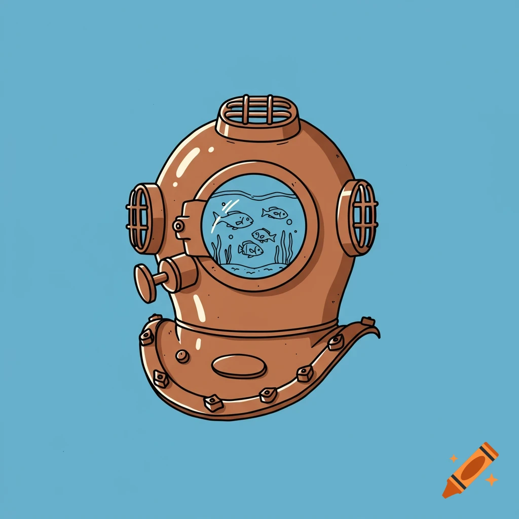 A simple illustration of a vintage diving helmet with fish visible inside the viewport on a blue background.
