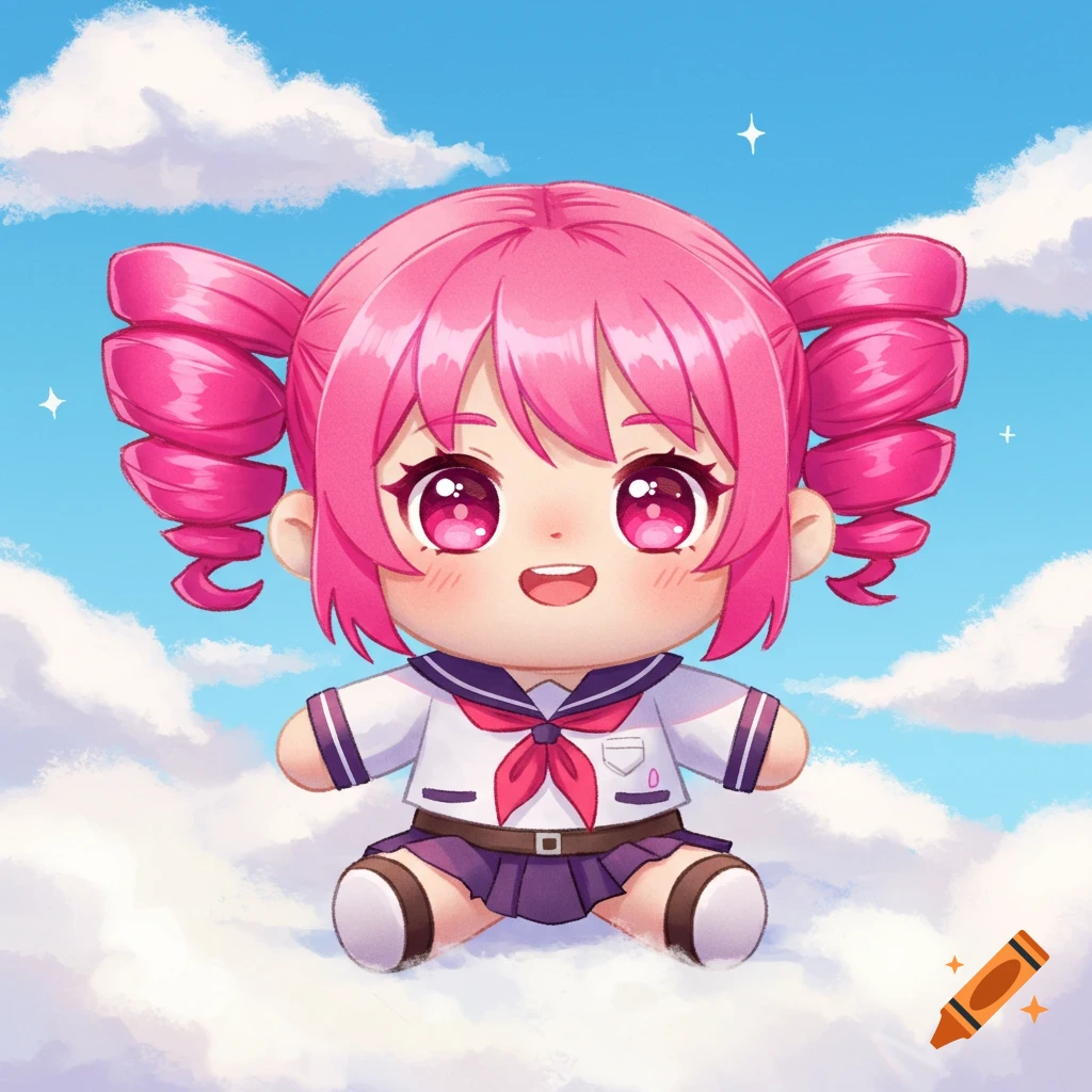 A cute pink-haired anime plushie sits on clouds.