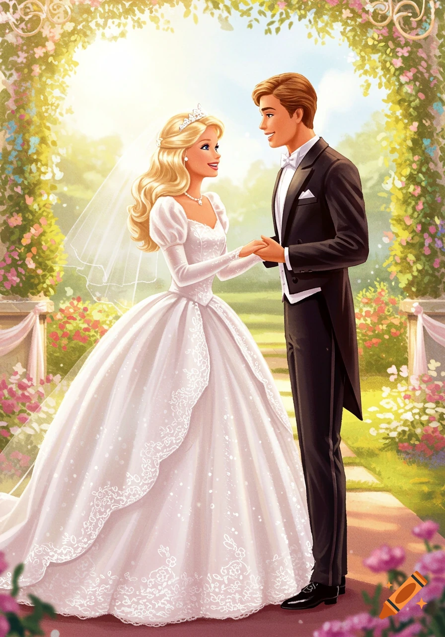 Barbie and Ken stand under a floral arch getting married in a bright garden.