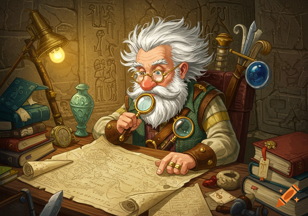 An old man archaeologist examines a map with a magnifying glass in an ancient ruin.