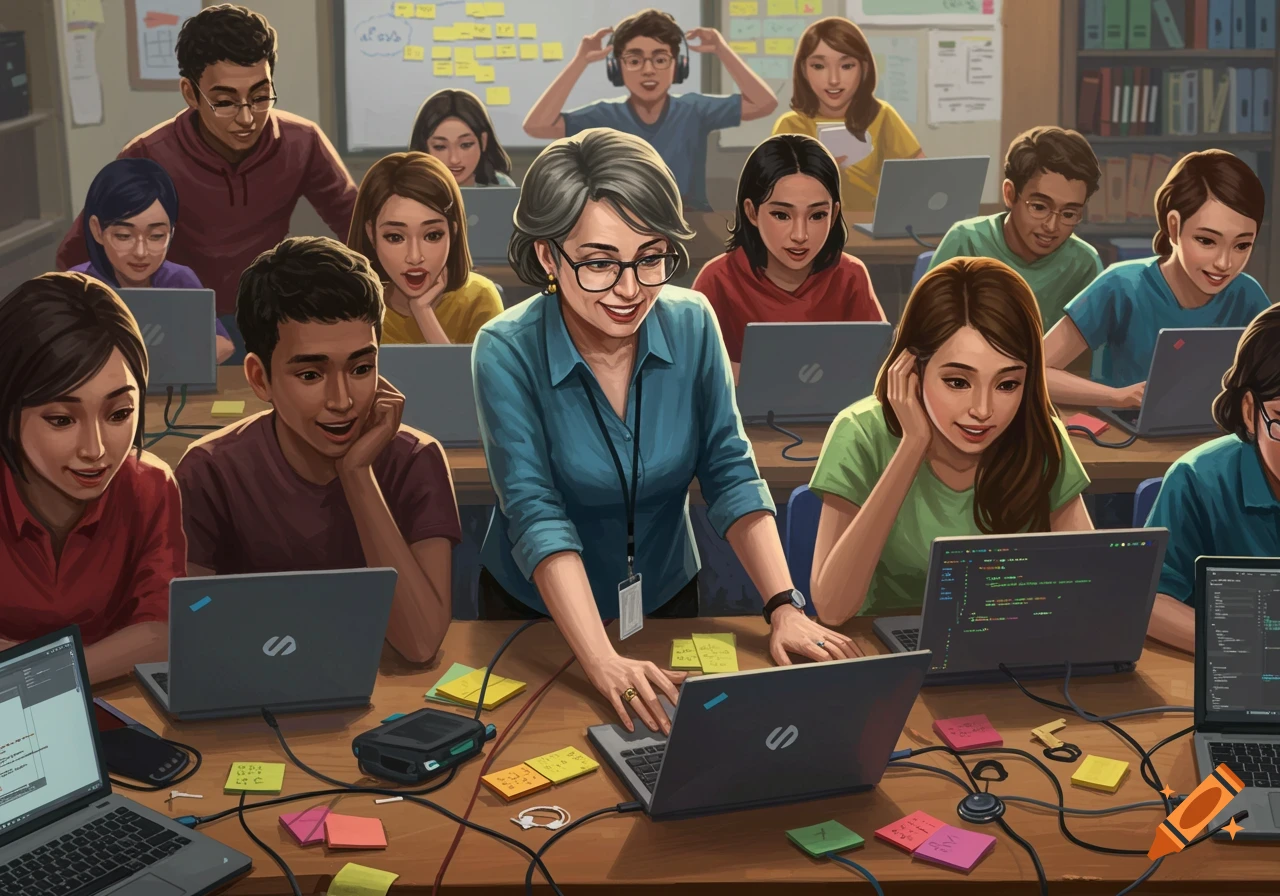 Illustration of a teacher and students in a messy coding classroom working on laptops.