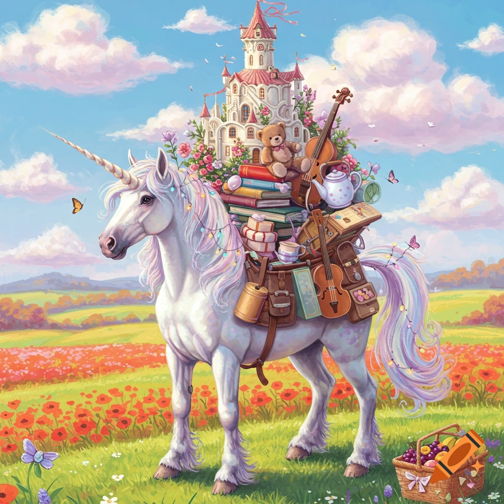 Illustration of a unicorn carrying a castle, books, and objects through a field of flowers.