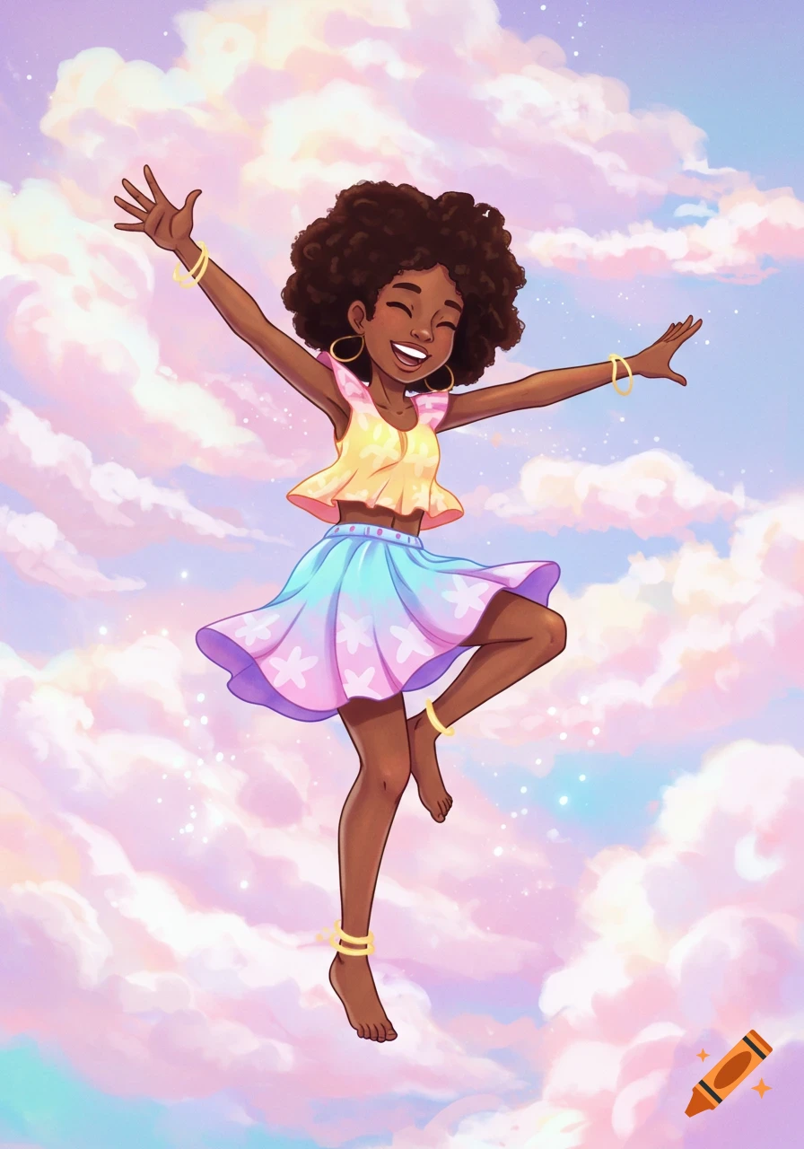 Illustration of a Black girl jumping happily in a pastel cloudscape.