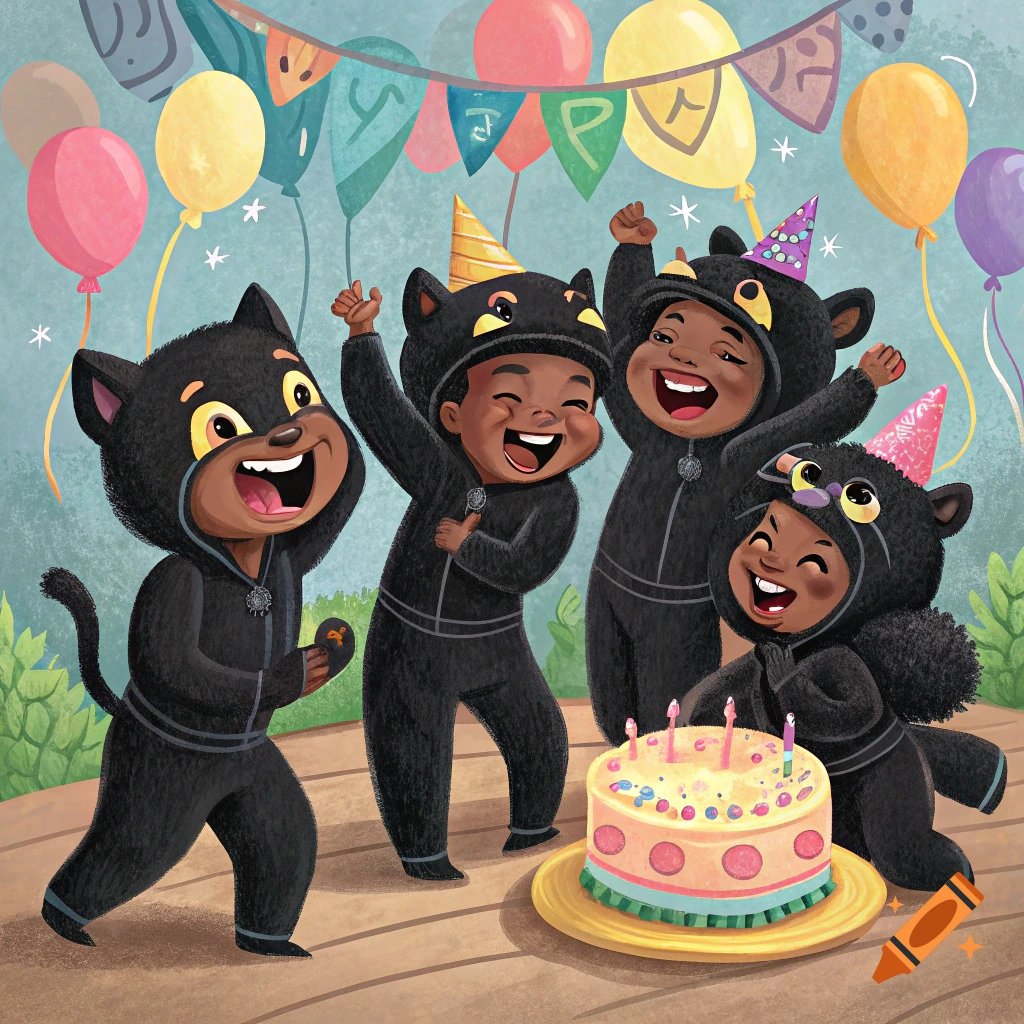 Four cheerful children in black cat costumes celebrate around a birthday cake.