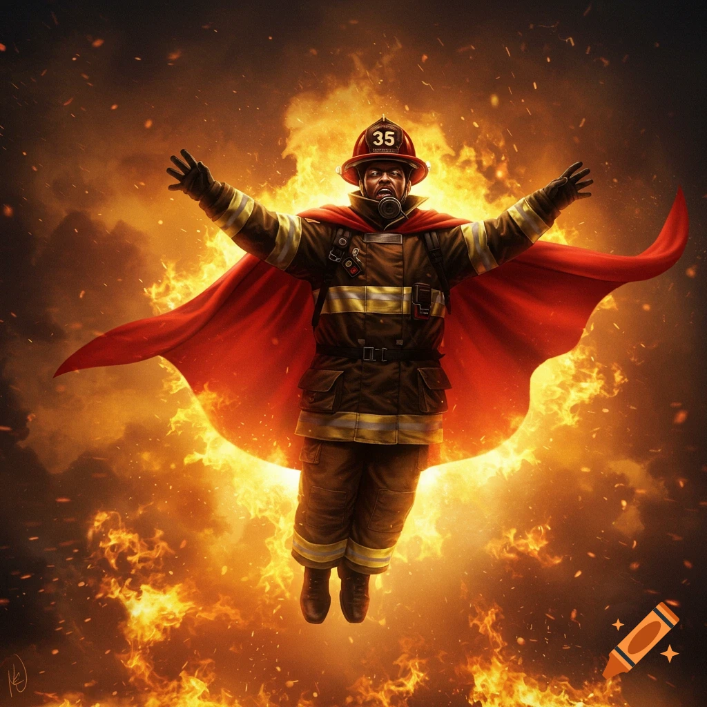 A firefighter in a red cape hovers surrounded by fire.