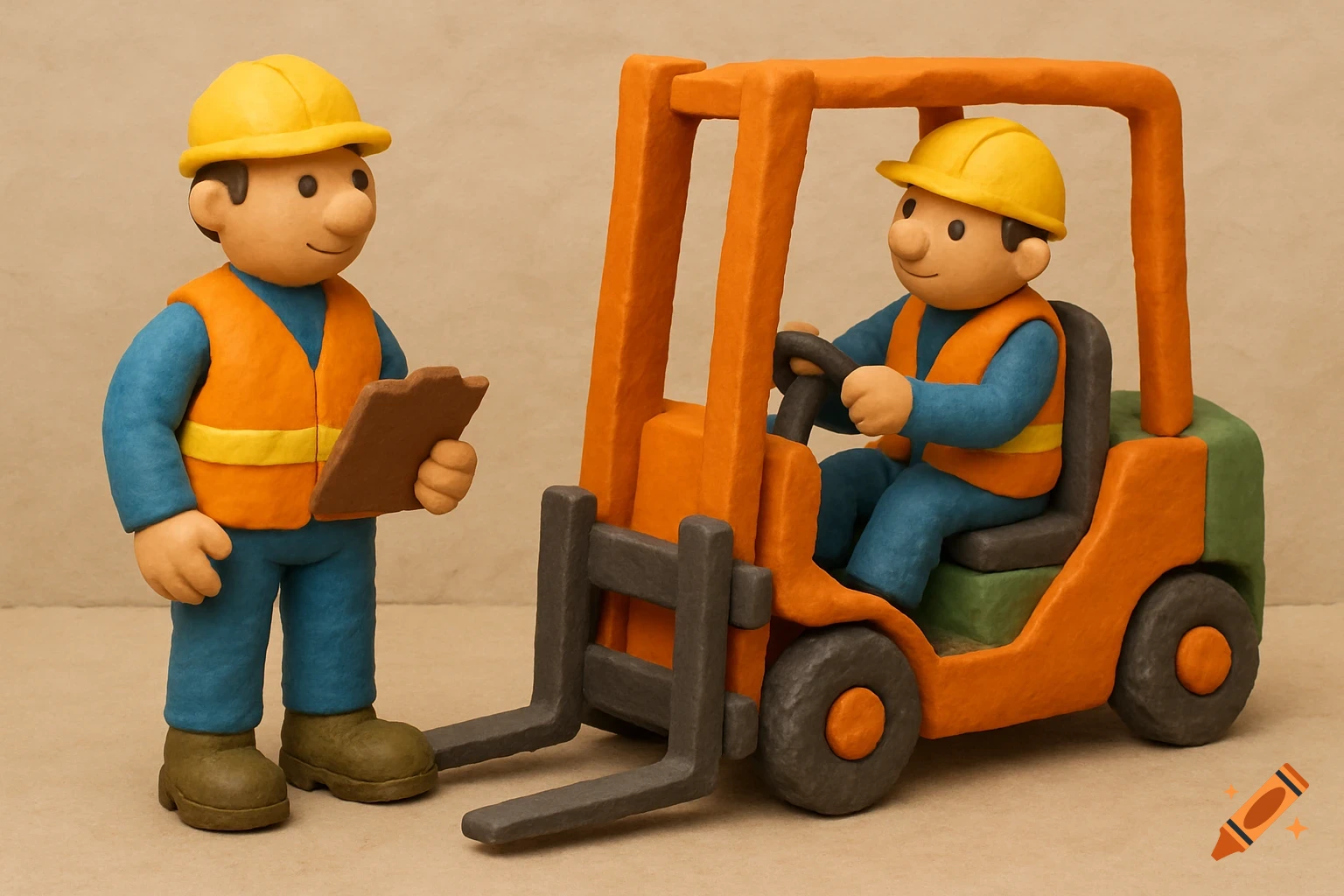 Claymation construction worker with clipboard next to forklift driven by another worker.