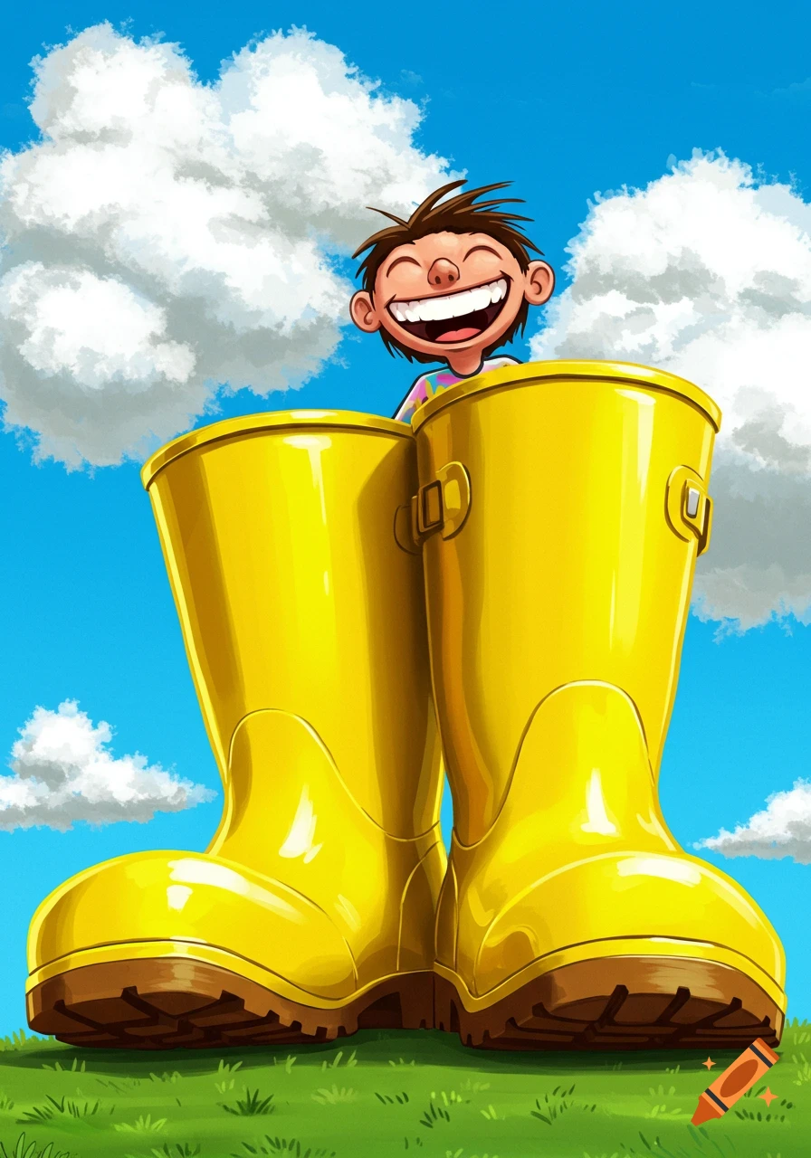 Cartoon illustration of a boy laughing while hiding behind giant yellow rain boots.