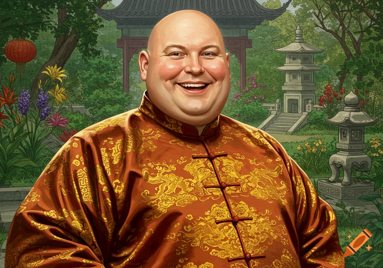 Smiling bald man in traditional Chinese shirt in a garden with a pagoda