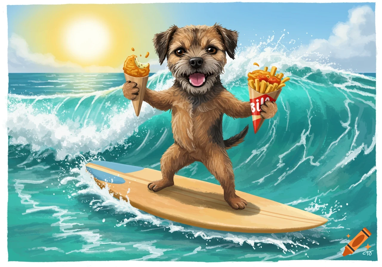 Illustration of a border terrier surfing a wave, holding a fish and chips cone and ice cream.