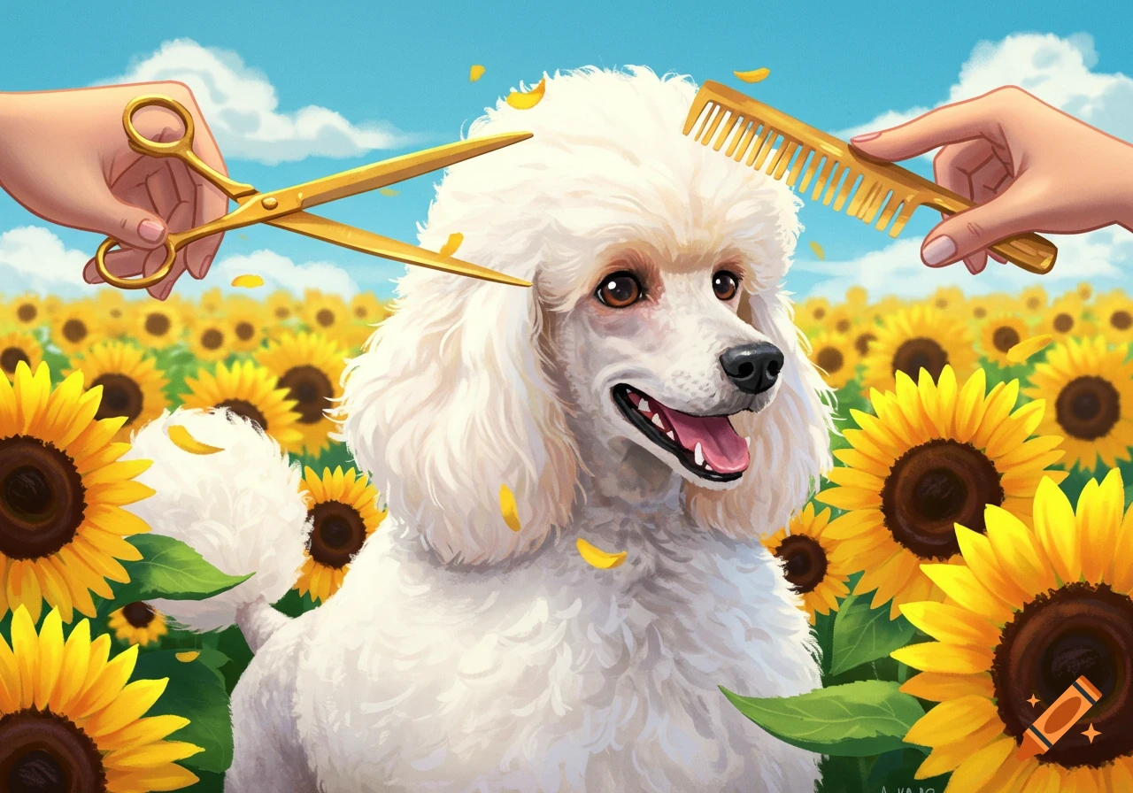 Illustration of a white poodle getting groomed in a field of sunflowers.