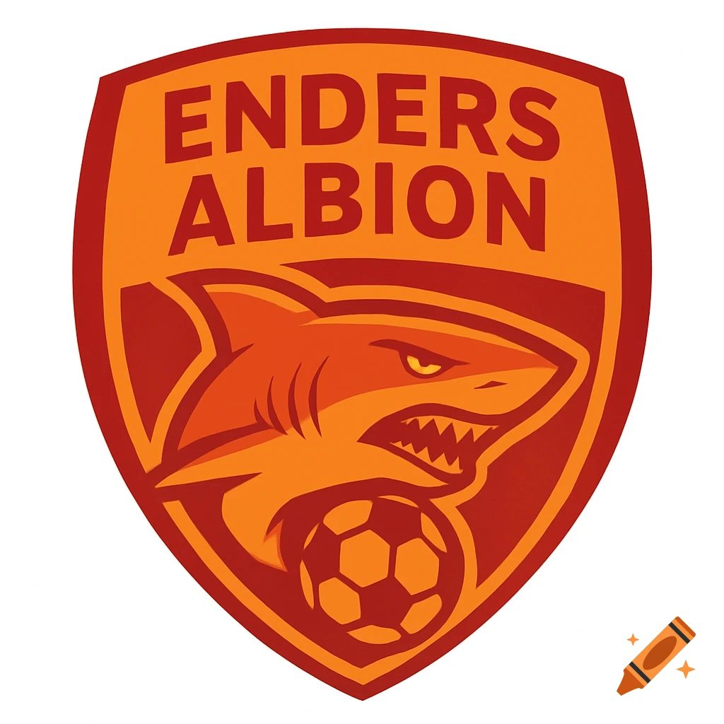A shield-shaped sports badge featuring the text "ENDERS ALBION", a snarling shark, and a football.