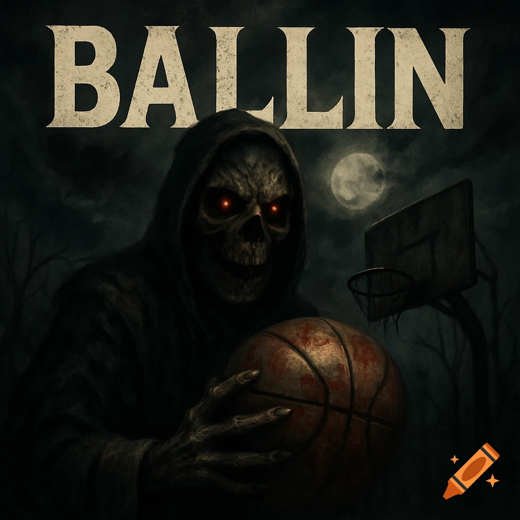 Scary Grim Reaper-like figure holding a bloody basketball under text that reads "BALLIN". Dark and spooky setting.