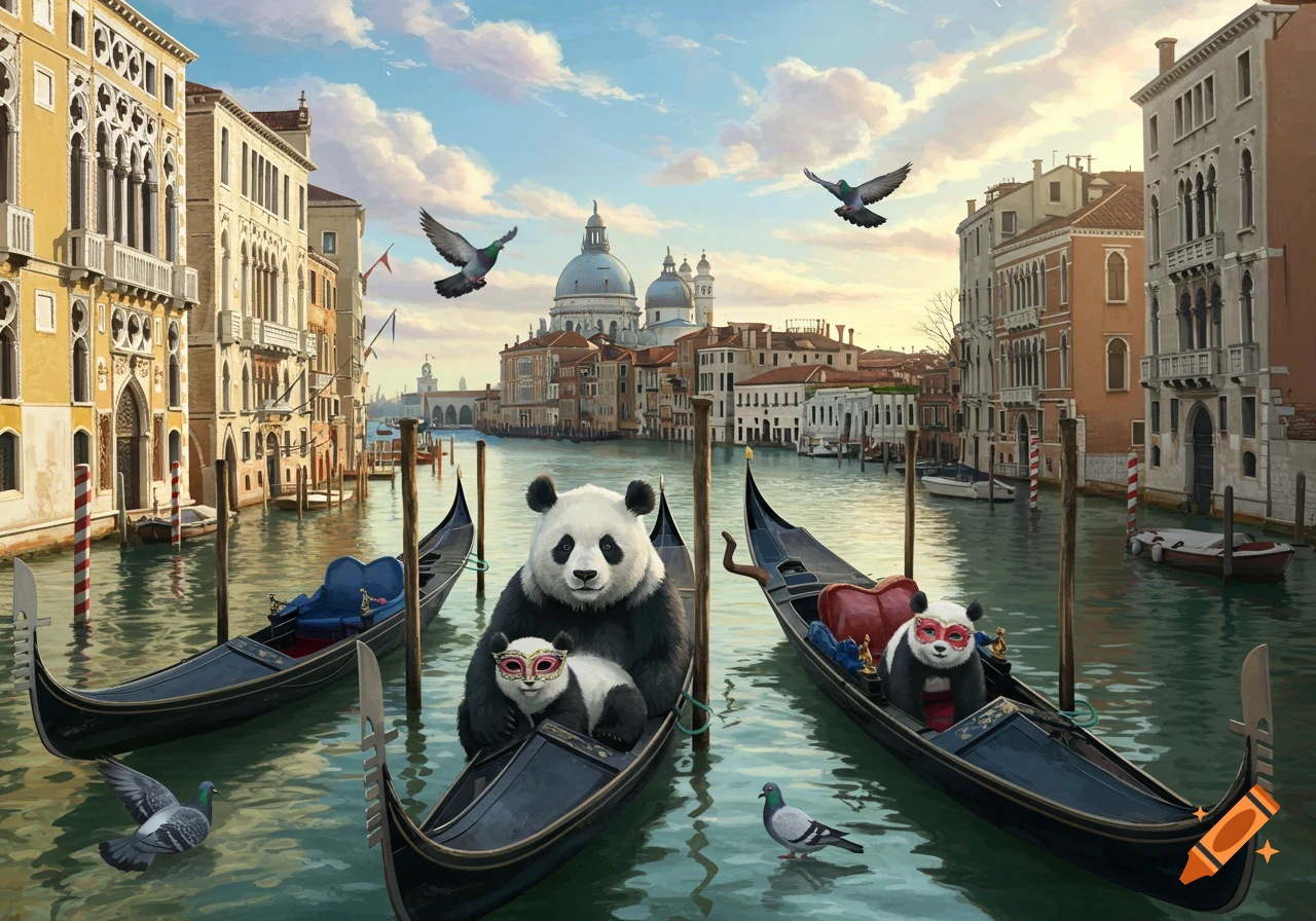 Pandas ride gondolas on a canal in Venice, some wearing masks.